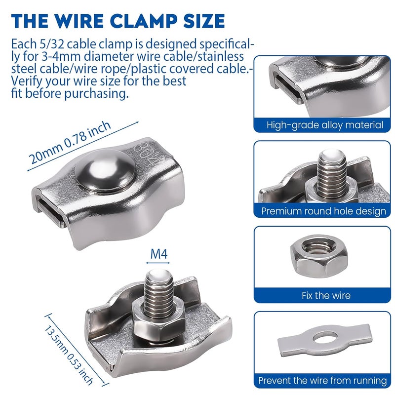 GoalMad 20PCS 5/32 Inches M4 304 Stainless Steel Wire Rope Cable Clip Clamp, Reusable Simplex Single Bolt Wire Rope Clips for 1/8Inch (1.5mm-3mm) Diameter Wire Cable/Wire Rope, Wire Clamp Tool for Outdoors - Image 2